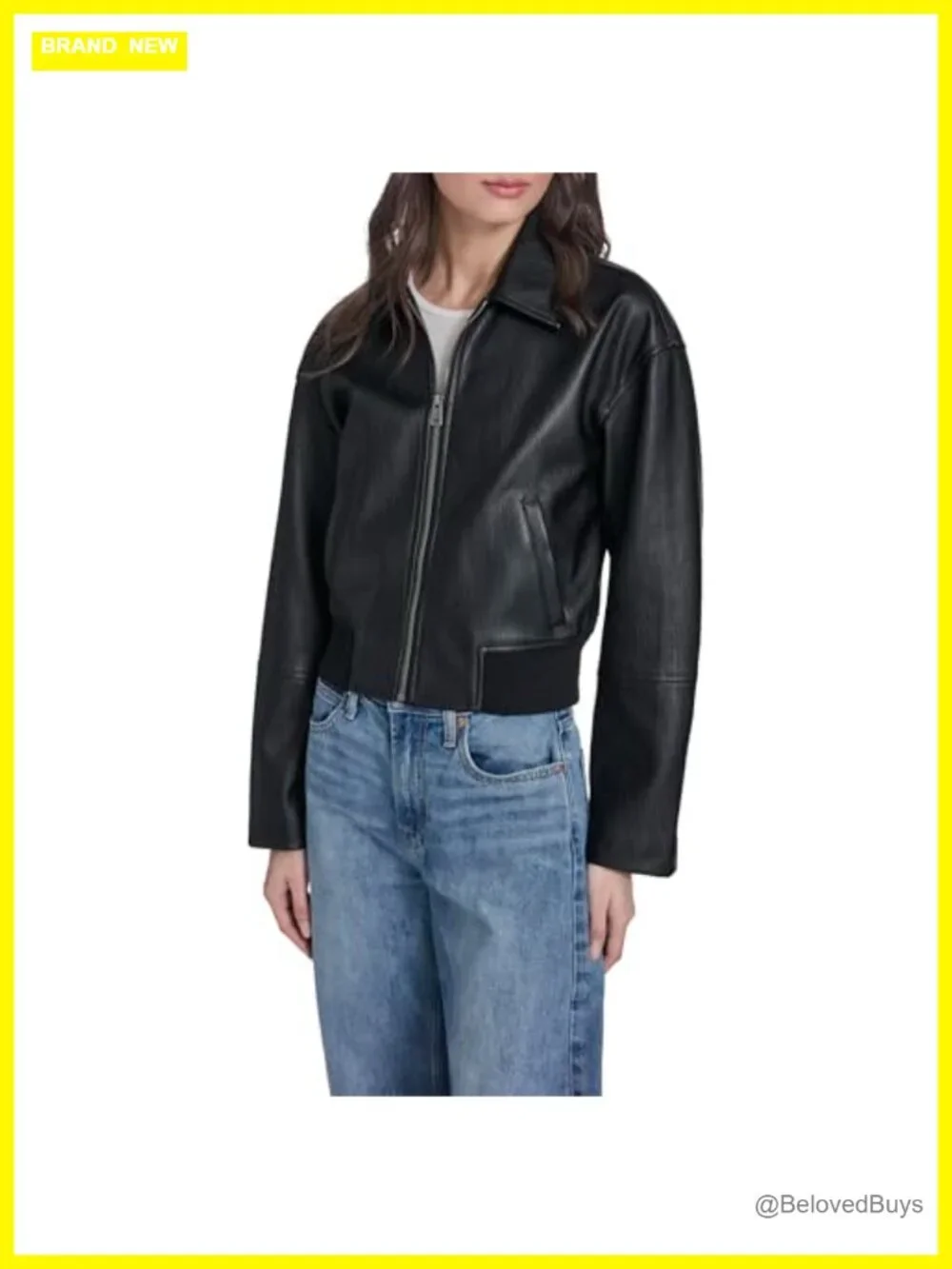 Women's Faux Leather Bomber Jacket with Laydown Collar, Zip Front, Rib Knit Hem